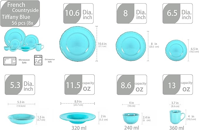 56pc Dinnerware Set, Plate and Bowl Set, Stoneware Dishes Set for 8, Microwave and Dishwahser Safe, Scratch Resistant, French Countryside Speckled Turquoise