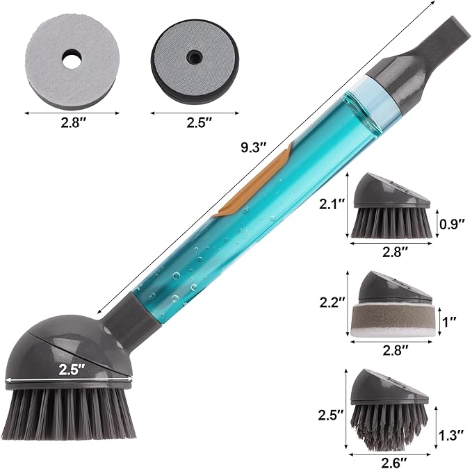Soap Dispensing Dish Brush Storage Set with 360° Rotating Head, Kitchen Brush with 2 PCS Different Brush Heads & 3 PCS Sponges, Dish Brush Set with Handle for Dishes, Sink, Pans, Pots