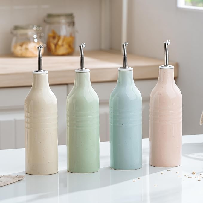 famiware Jupiter 16oz Ceramic Olive Oil Dispenser Bottle, Olive Oil and Vinegar Dispenser Bottle Set of 2 with Stainless Steel Pourers, Suitable for Storage Vinegar, Liquids, Light Blue & Light Pink