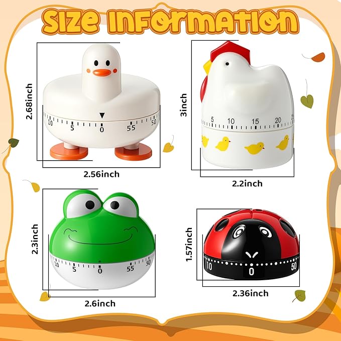 Amylove 4 Pieces Cute Kitchen Timer, Animal Mechanical Manual, Chick, Frog, Duck, Ladybug, 60 Minutes Loud Alarm Egg Windup Timer, for Adults Christmas Home Cooking Baking Fitness Beauty