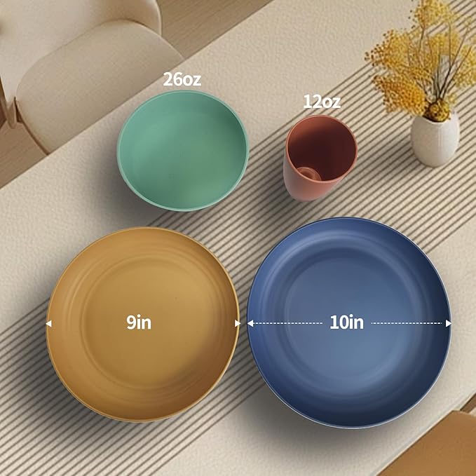 32-Piece Wheat Straw Dinnerware Set - 8×10" Plates, 8×9" Plates, 8×26oz Bowls, 8×12oz Cups | Shatterproof & Microwave-Safe Eco-Friendly Tableware