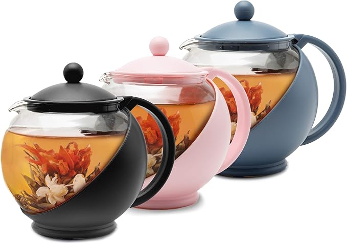 Primula Half Moon Teapot with Removable Infuser, Glass Tea Maker with Reusable Fine Mesh Stainless Steel Filter, Dishwasher Safe, 40-Ounce, Blue
