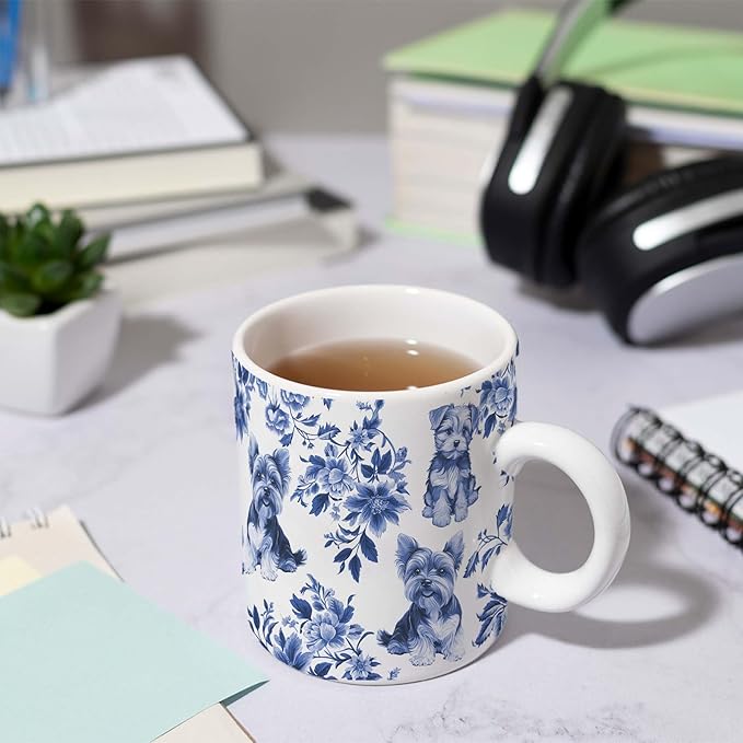 Yorkshire Terrier Blue French Toile Mug, Yorkies Lover Gifts for Women, Blue Chinoiserie Toile Coffee Cup for Yorkshire Terrier Mom, Dog Lovers Tea Coffee Mug Birthday Gifts for Dog Owners, 11oz