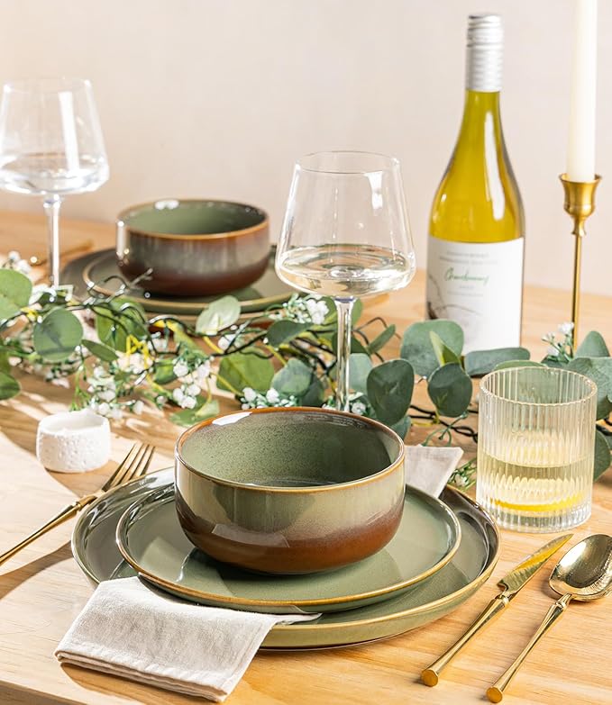 TheTerra Ceramic Dinnerware Sets, Handmade Reactive Glaze Plates and Bowls Set, Scratch Resistant Dish Set, Oven & Microwave & Dishwasher Safe, Service for 6, Brown Green