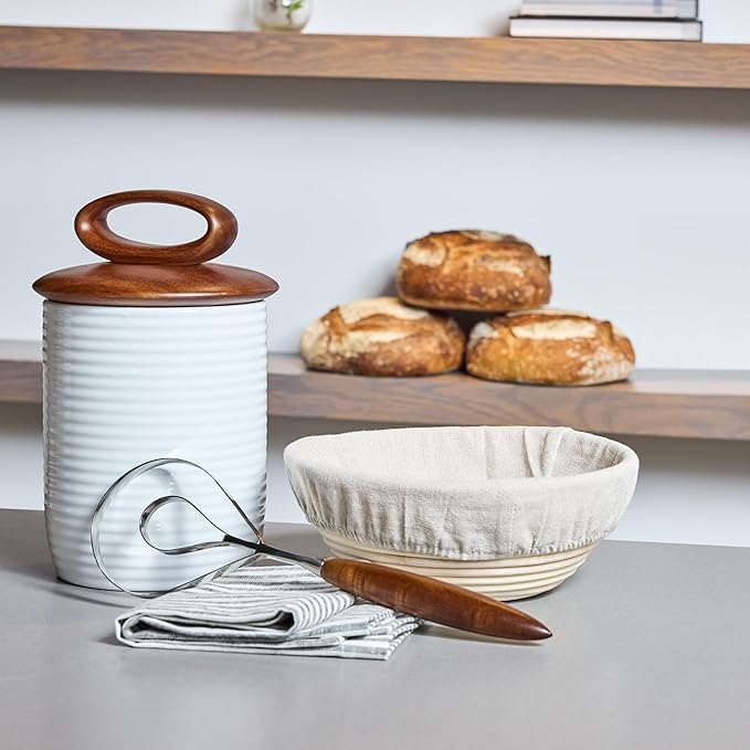 Nambe Breaking Bread Whisk - Stainless Steel Flat Coil Dough Mixer with Acacia Wood Handle, Hand Mixing Tool for Sourdough, Preferments & Baking Essentials - Nambe x Tom Papa Collab