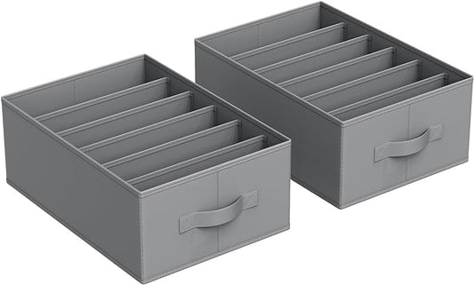 SONGMICS Set of 2 Large Size Wardrobe Clothes Organizers, 6-Compartment Foldable Drawer Organizers with Handles, 16.5 x 11.8 x 6.7 Inches, for Pants, Sweaters, Jeans, Dove Gray URUS009G02