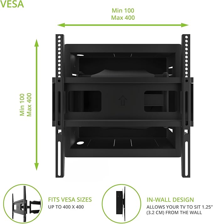 Kanto R300 Recessed In-Wall Full Motion Articulating TV Mount for 32-inch to 55-inch TVs | Ultra Low Profile | Swivel and Tilt Capable | Cable Management for Clean Setup | Black