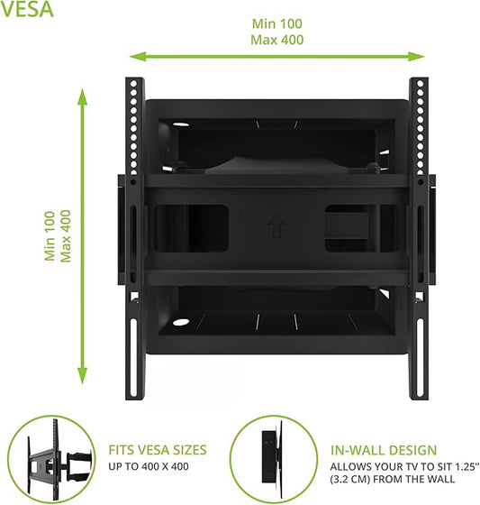 Kanto R300 Recessed In-Wall Full Motion Articulating TV Mount for 32-inch to 55-inch TVs | Ultra Low Profile | Swivel and Tilt Capable | Cable Management for Clean Setup | Black