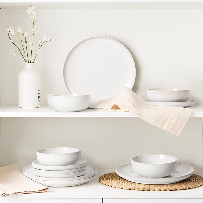 Plates and Bowls Sets, Ceramic Dinnerware Sets, 12 Pieces Modern Stoneware Dinnerware Set for 4, Reactive Glaze Dinnerware Set for Home Kitchen, Scratch Resistant, Microwave and Dishwasher