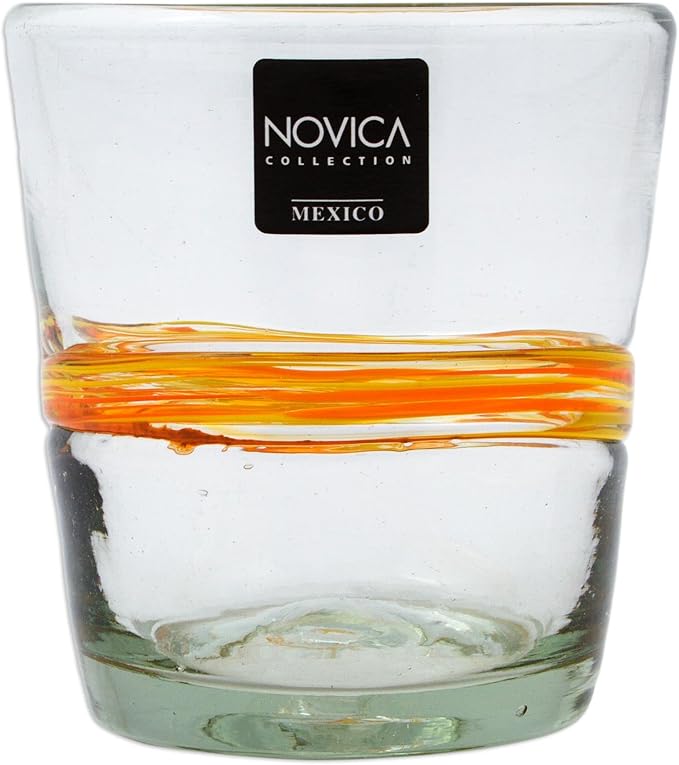 NOVICA Artisan Handblown Recycled Ecofriendly Rock Glasses Set 6 in Golden Hues Clear Yellow Mexico Tableware Drinkware Tumbler Juice Striped Misted Hacienda [ 3.5in H x 3.5in Diam. 10 Oz.] ' Ribbon
