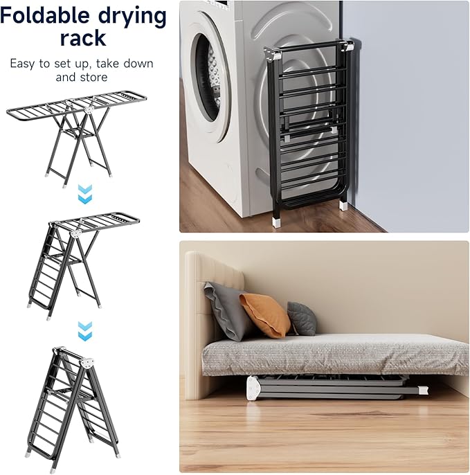 MIKEE Clothes Drying Rack,Stainless Steel Foldable Laundry Drying Rack for Indoor & Outdoor Use，with Height-Adjustable Wings，2-Tier Clothes Rack with Windproof Hanging Holes and Wheels，132 lbs