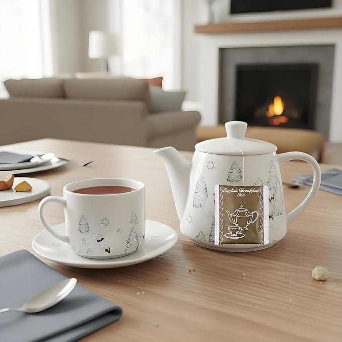 Christmas Teapot Set Ceramic Tea Pot with English Breakfast Tea, 17OZ Christmas Tree Tea Kettle with Mug as Birthday & New Year Gifts for Home & Kitchen Decor (Black Tea)