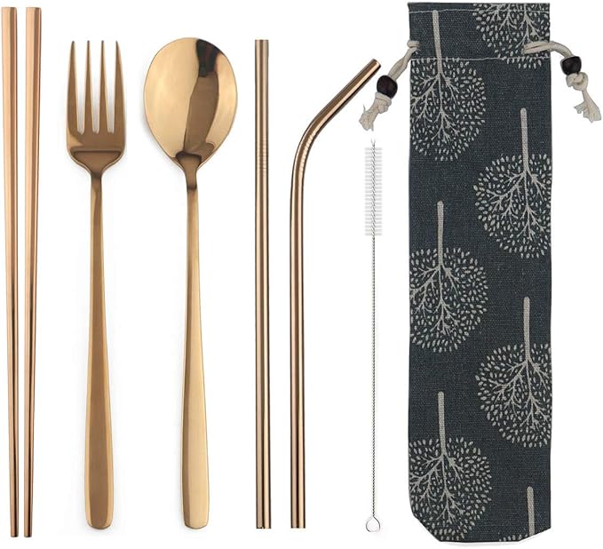 304 Stainless Steel Flatware Set Reusable Utensils Set with Straws Portable Travel for Camping Hiking,Dishwasher Safe,Set of 7, Mirror Rose Gold