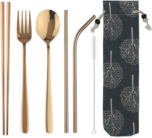304 Stainless Steel Flatware Set Reusable Utensils Set with Straws Portable Travel for Camping Hiking,Dishwasher Safe,Set of 7, Mirror Rose Gold