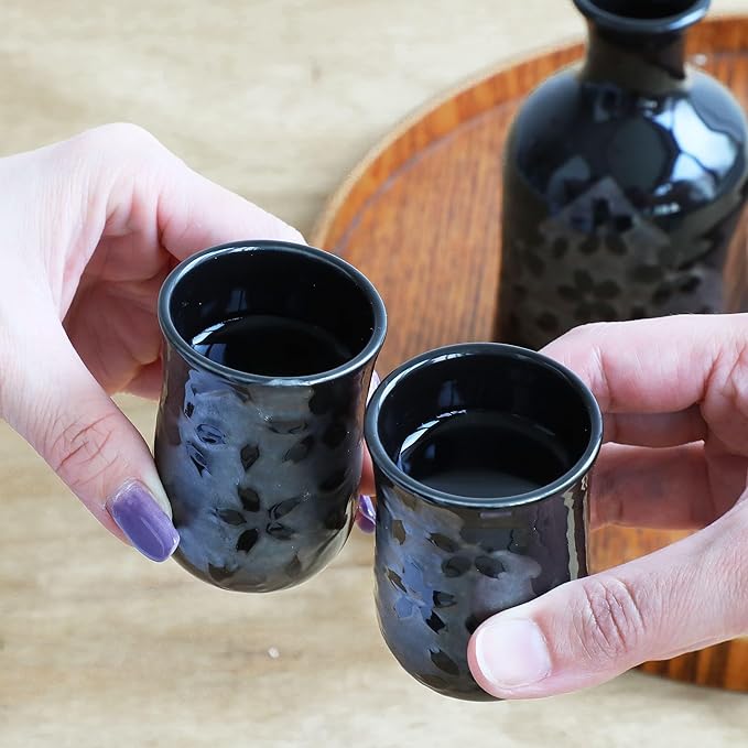 Asayu Japan Japanese Sake Set, Sakura Cherry Blossom Design, 1 Tokkuri Bottle with 2 Ceramic Cups, Black, Made in Japan Pottery