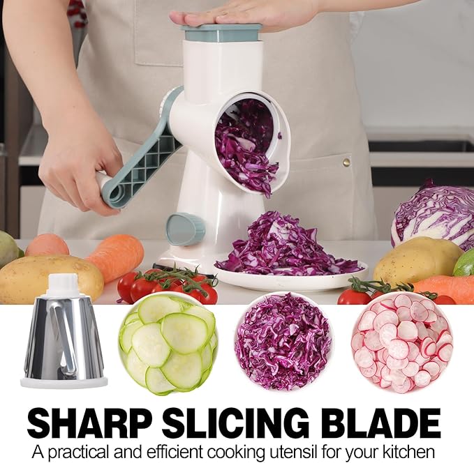 Cheese Grater Cheese Shredder with 3 Interchangeable Blades, Rotary Cheese Grater Manual Vegetable Slicer with Non-slip Suction Base Peanut Nuts Grinder Vegetable Shredder White