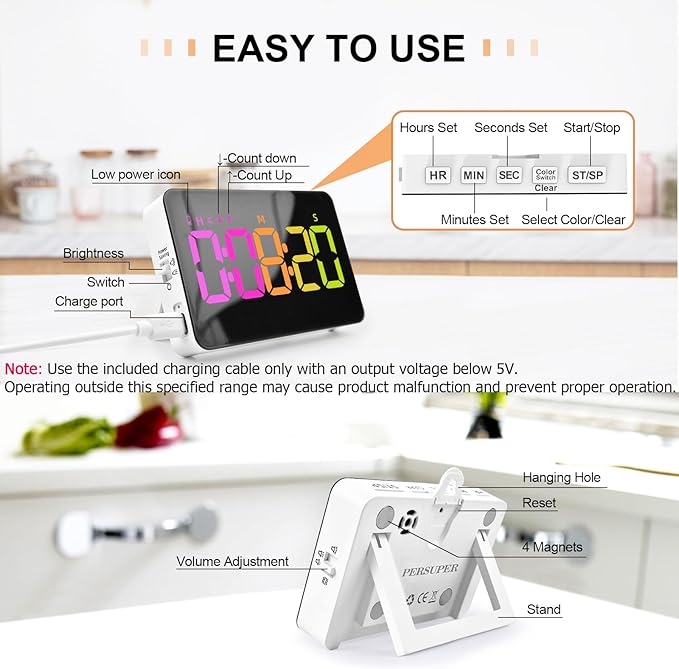 Kitchen Digital Timer, Count Down Up, Rechargeable, Vibration Mode Adjustable Volume and Brightness LED Display, Time Management Cook, Desk, Kids Adults Study Teaching, Kitchen Gadgets