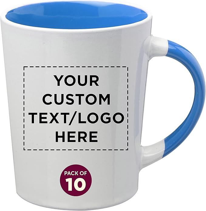 Custom Ceramic Latte Coffee Mugs by Albany 13 oz. Set of 10, Personalized Bulk Pack - Perfect for Coffee, Tea, Espresso, Hot Cocoa, Other Beverages - Process Blue