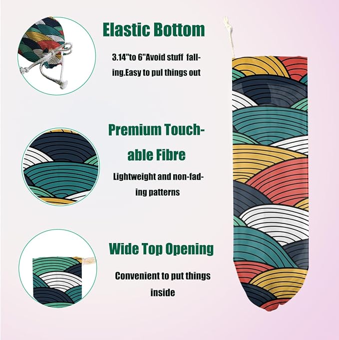 2 Pcs Geometric Waves Plastic Bag Holder, Colorful Wall Mount grocery bag holder for plastic bags, Washable Grocery Bags Storage Dispenser for Home Kitchen Pantry Decor, Abstract Art Gifts for Women