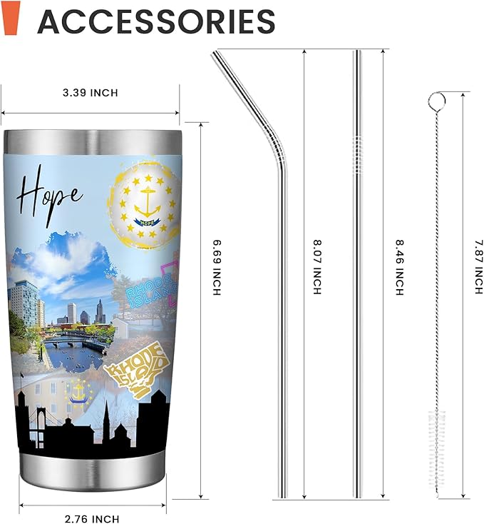 20oz Insulated Tumbler Rhode Island State Coffee Mug, United States Map Travel Mug Landmark, Birthday Gifts Cute Custom Tumbler Cups with Lid and Straw Gifts for Mom