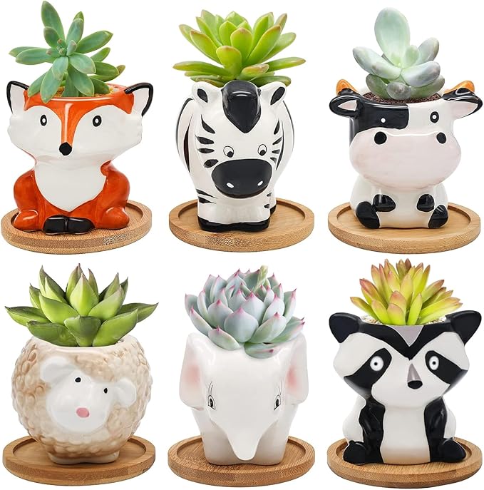 Photken Small Ceramic Succulent Pots - 6 Pack 3" Cartoon Animal Shape Planters Indoor & Outdoor with Drain Holes and Bamboo Tray for Succulents, and Herbs
