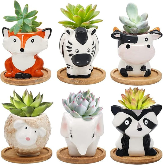 Photken Small Ceramic Succulent Pots - 6 Pack 3" Cartoon Animal Shape Planters Indoor & Outdoor with Drain Holes and Bamboo Tray for Succulents, and Herbs