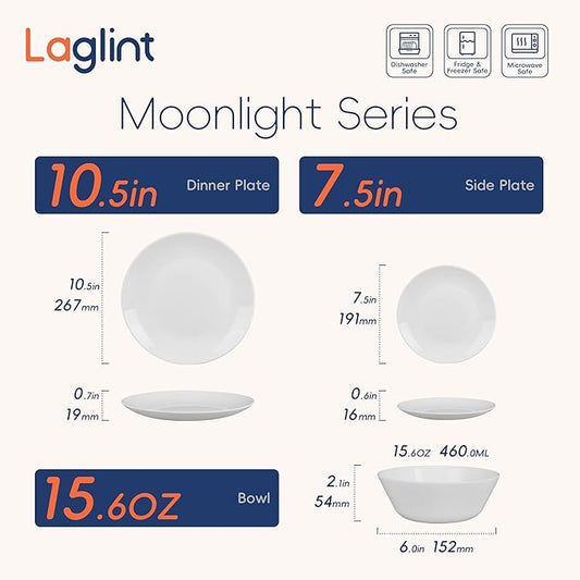 Dinnerware Sets for 6, LaGlint 18 Pieces Opal Glass Plates and Bowls Set, Dishwasher and Microwave Safe Dish Dinning Ware, Chip and Scratch Resistant Dishware White