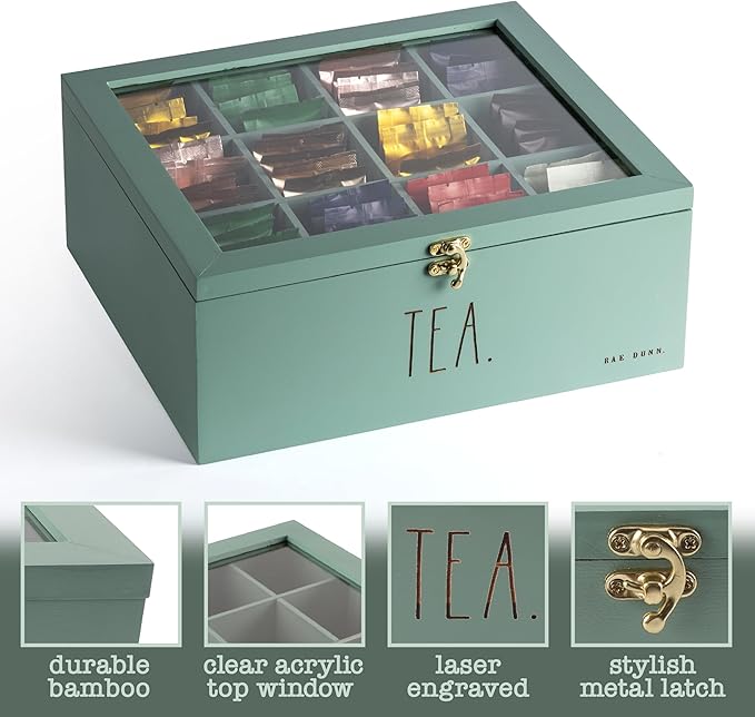 Rae Dunn Tea Bag Organizer - Tea Box Divided Storage Container Box with Hinge Lid for Kitchen Cabinet, Countertop, Pantry, Hold Coffee Pods, Seasoning Packets, Condiments, Sage