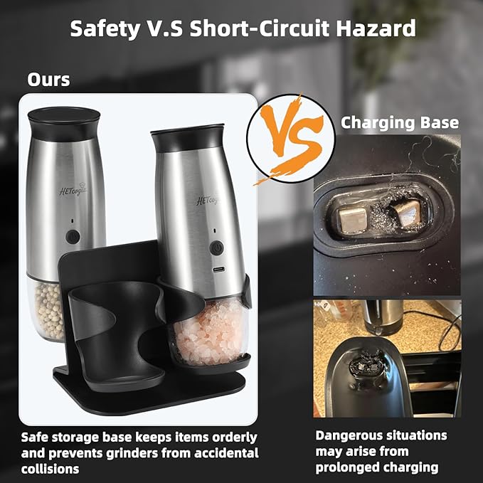 Electric Salt and Pepper Grinder Set with Safe Base, Automatic Mill by Gravity,Adjustable Coarseness with LED,Larger Rechargeable Battery,Easy filling,2 Pack Kitchen Tools