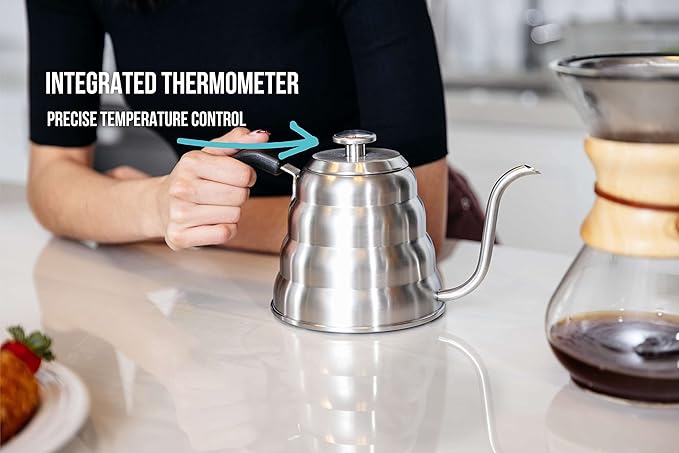 Barista Warrior Gooseneck Kettle for Pour Over Coffee and Tea with Thermometer for Exact Temperature, Precision Pour Drip Spout, Compatible with all Stove Tops (Copper Coated, 1.2 Liter, 40 fl oz)