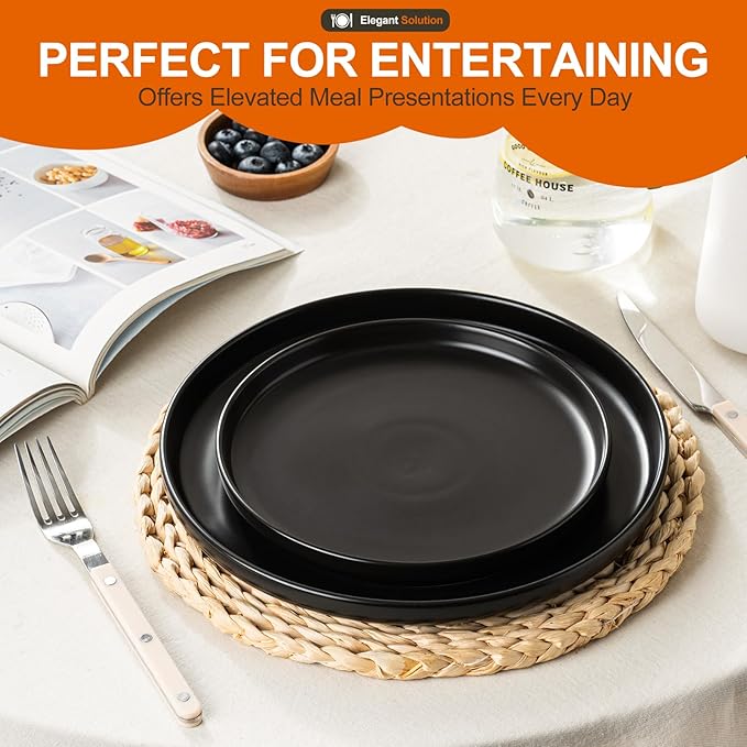 EWFEN Plates and Bowls Sets, Dinnerware Sets for 8, 24 Pieces Scratch Resistant Dishware Dishes Set, Ceramic Kitchen Dinner Set, Porcelain & Microwave and Dishwasher Safe, Black
