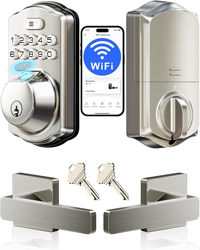 Veise VE012W-L Built-in WiFi Fingerprint Smart Lock with Lever Handle Set, App Remote Control, Keyless Entry for Front Door, Deadbolt Digital Backlit Keypad, Voice Assistant, Auto Lock, Satin Nickel