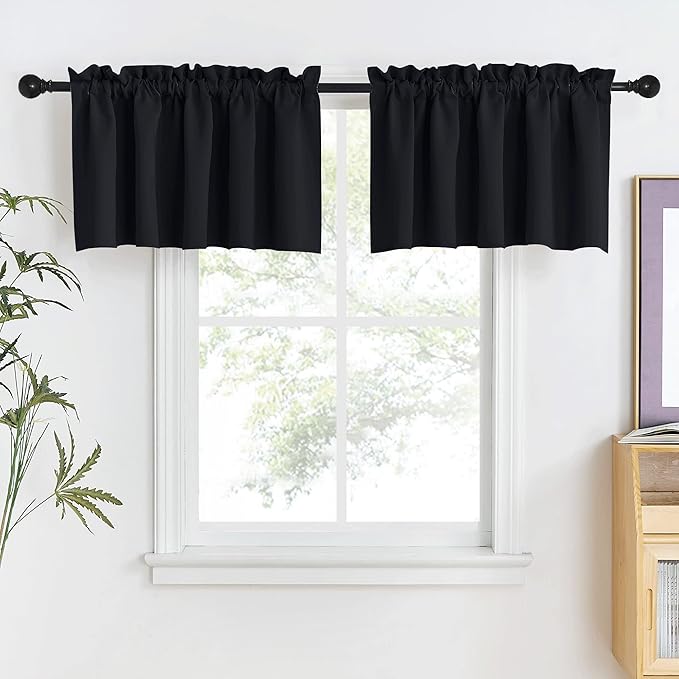 NICETOWN Kitchen Blackout Curtains for Small Window - Thermal Insulated Rod Pocket Privacy Window Tiers for Cafe Office Halloween Present (52" Wide x 18" Length, 2 Panels, Black)