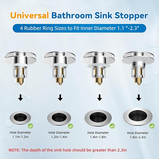 iFealClear Universal Bathroom Sink Stopper, Metal Pop Up Sink Drain Strainer with Detachable Hair Catcher, Fits 1.1"-2.36" US Basin, Wash Basin Drain Plug with Big Cover Cap, Brass Bounce Core, Chrome