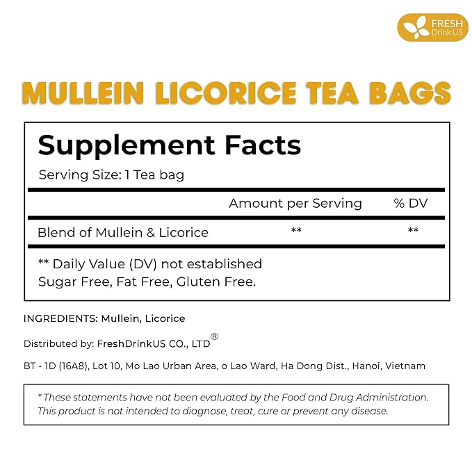 FreshDrinkUS, Premium 55 Mullein Licorice Tea Bags, 100% Natural, Blend of Mullein Leaves, and Licorice Root. Made with Natural Material Tea Bags. No Sugar, Vegan.