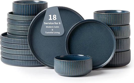 Dinnerware Sets for 6,18 Piece Starry Blue Plates and Bowls Set,Elegant Ceramic Dish Set for Relaxed Dining, Giftable and Dishwasher Safe