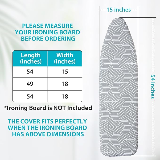 Seiritex Ironing Board Cover with Padding 15 x 54 inch Standard Full Size, Heat Reflective with Hook and Loop Fasteners, Thick Padding with Elasticized Edges, 3 Layers Iron Board Cover (Gray Cube)