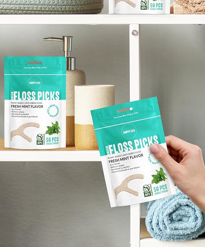 Dental Floss Picks (100pcs) - Flossers for Adults, Vegan Corn-Straw Handle, Superior Oral Care & Anti-Shred Thread, Dental Hygiene, Tooth Pick Sticks, Teeth & Gum Health (Mint, Double Thread)