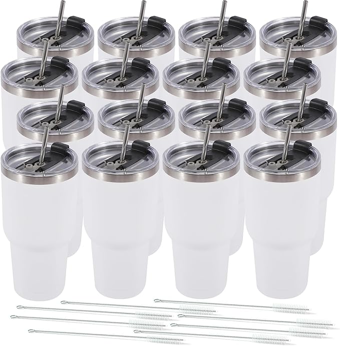 Dongni 30 oz Tumbler with Lid and Straw, Stainless Steel Tumblers Bulk, Insulated Vacuum Double Wall Travel Coffee Mug, Durable Powder Coated Tumbler Cups（White 16 pack）