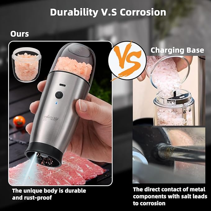 Electric Salt and Pepper Grinder Set with Safe Base, Automatic Mill by Gravity,Adjustable Coarseness with LED,Larger Rechargeable Battery,Easy filling,2 Pack Kitchen Tools