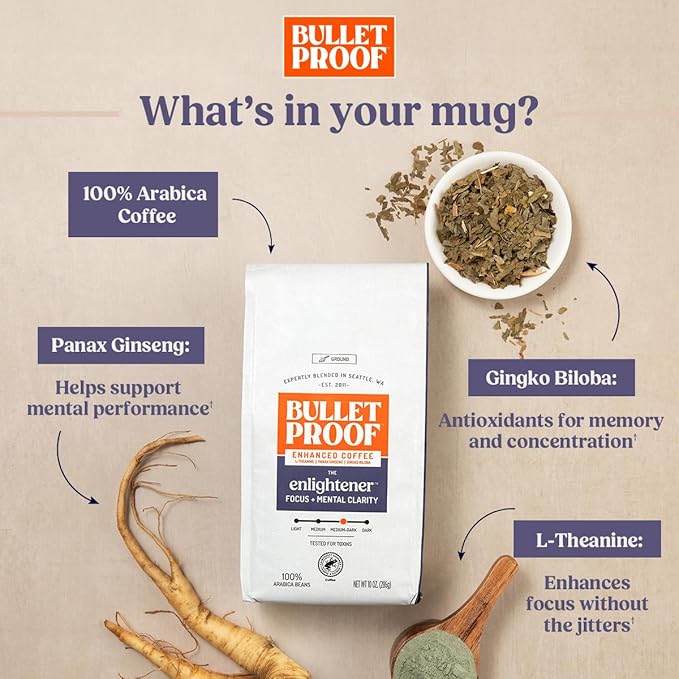 Bulletproof The Enlightener Coffee Pods, 10 Count, Medium-Dark Roast Enhanced Coffee with L-Theanine, Panax Ginseng and Gingko Biloba, Supports Mental Clarity, Focus, and Memory
