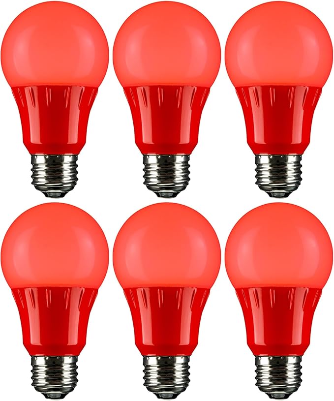 Sunlite 40471 LED A19 Colored Light Bulb, 3 Watts (25w Equivalent), E26 Medium Base, Non-Dimmable, UL Listed, Party Decoration, Holiday Lighting, 6 Count, Red