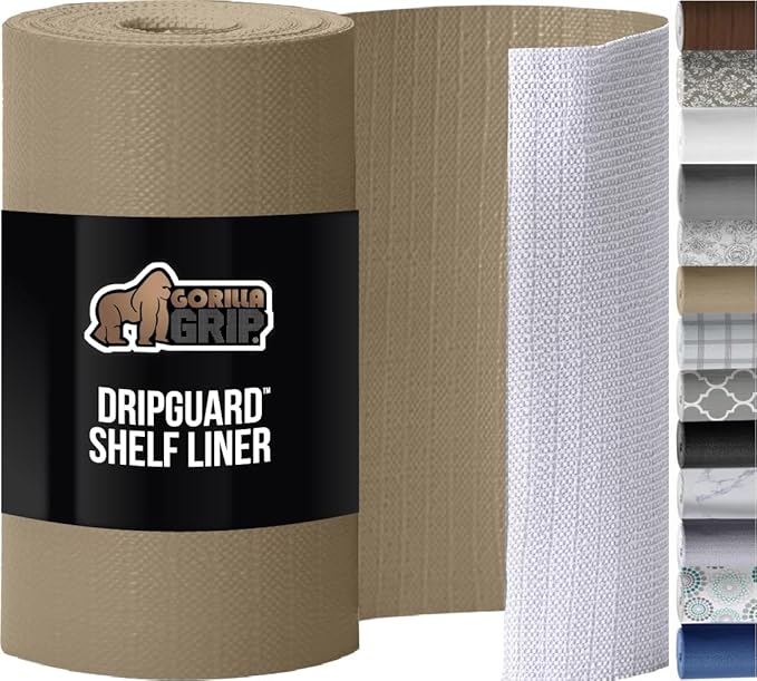 GORILLA GRIP DripGuard Shelf Liner, Non Adhesive Drawer and Kitchen Cabinet Protector, 24x240 Inch, Slip Resistant BPA Free Smooth Surface Plastic Liners for Cabinets, Bathrooms, Closets, Beige