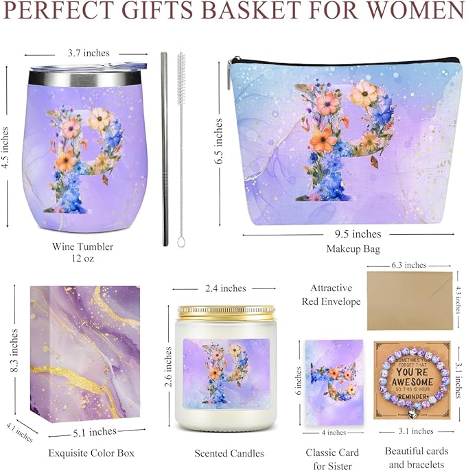 Personalized Gifts for Women Monogrammed Birthday Gifts for Women, Wife Girlfriend Wedding Christmas, Initial Wine Tumbler Makeup Bag Scented Candle Bracelet Set, (Aesthetic Purple Flower P)