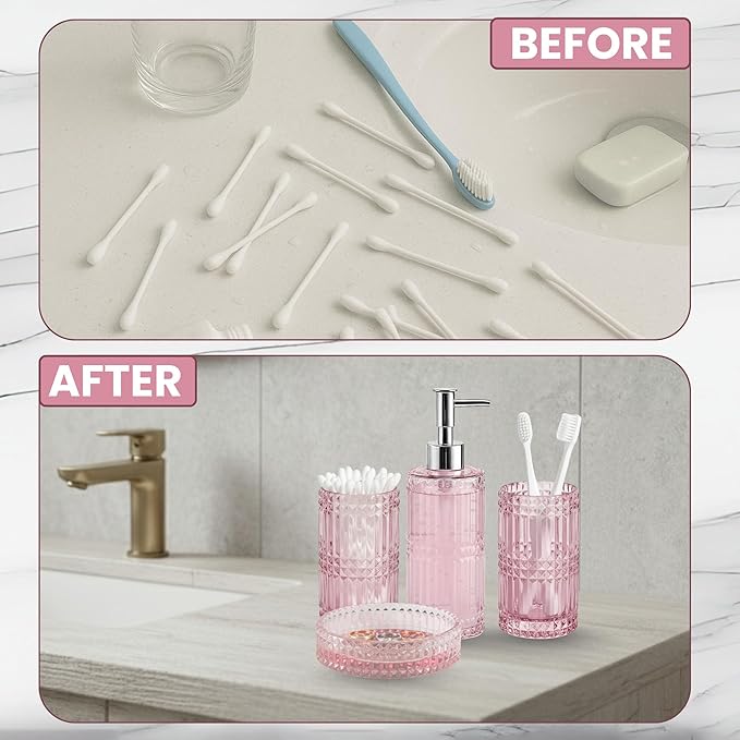 Escenzy Pink Bathroom Accessories Set 4 Pcs | Premium Glass Soap Dispenser and Toothbrush Holder Set, Qtip Holder, Soap Tray | Bathroom Counter Organizer Essentials | Modern Bathroom Set (Pink)