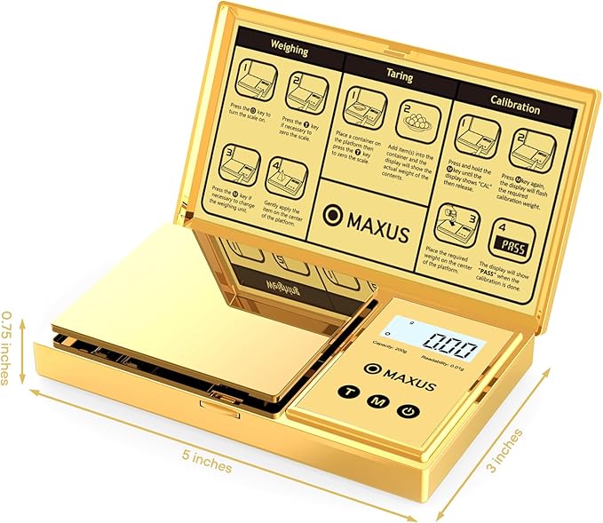 MAXUS Digital Gram Scale with 200g x 0.01g Capacity, Stylish Gold Plated Cover and Platform for Accurate and Precise Weighing of Jewelry, Grains, and Food in Grams and Ounces