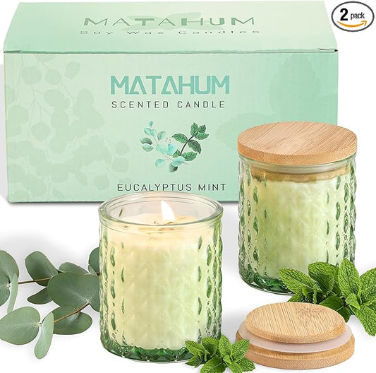 2 Pack Eucalyptus & Mint Scented Candles for Home Decor, 6.5oz Natural Soy Wax Aromatherapy Jar Candles, Housewarming Gift for Women