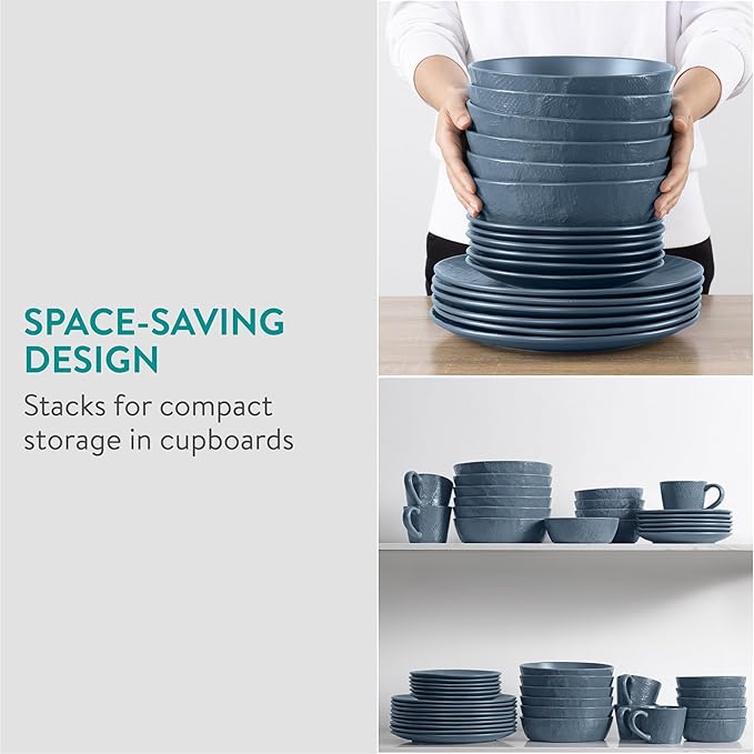 Navaris Linen Artisan Stoneware Dinnerware Set - 18 Pieces in Smoky Blue: Dinner Plates, Side Plates, Pasta Bowls - Dishwasher & Microwave Safe
