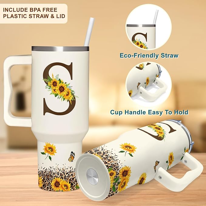 Personalized Birthday Gifts For Women - Sunflowers Monogrammed Cup For Boss Day, Christmas - Customized Gifts For Women, Mom, Wife, Coworkers, Boss Lady, Her - Custom Tumbler With Handle 40oz