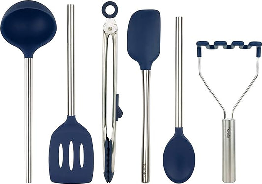 Tovolo Silicone Cooking Utensil Set of 6 Deep Indigo Ladle Slotted Turner Tongs Flex Core Spatula Scraper Mixing Spoon and Potato Masher, Dishwasher Safe Non Toxic BPA Free Silicone Kitchen Utensils